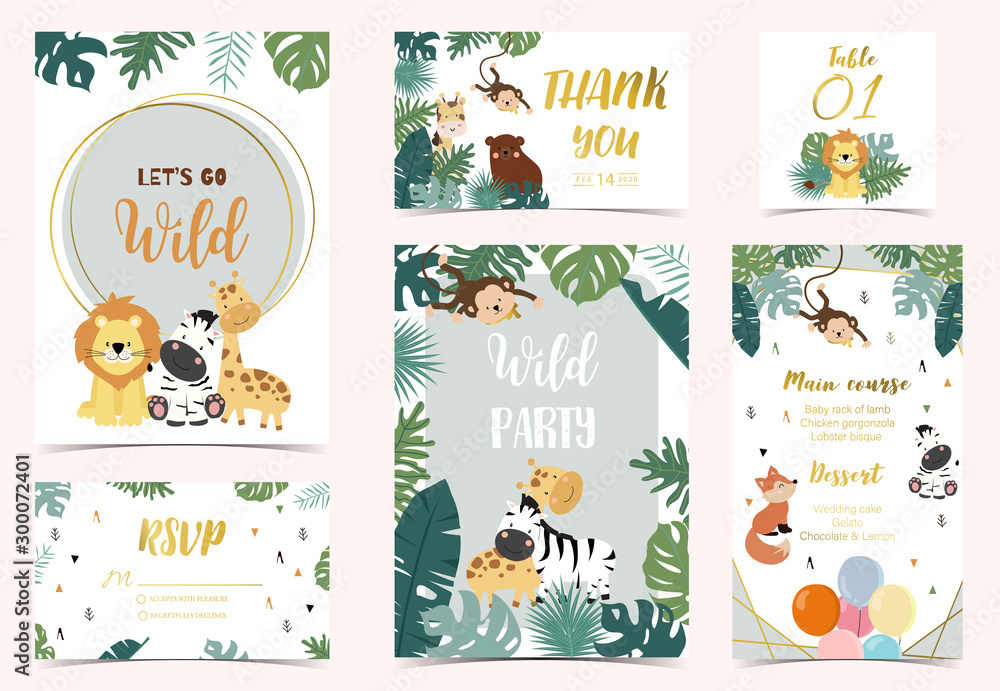 Collection of safari background set with giraffe,fox,monkey,zebra.Vector illustration for birthday invitation,postcard and sticker.Wording include let's go wild.Editable element