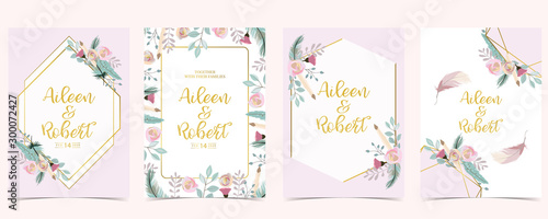 Pink green gold geometry wedding invitation with rose,flower,geometric and leaves.Vector birthday invitation for kid and baby.Editable element