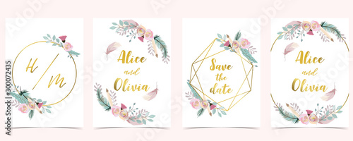 Pink green gold geometry wedding invitation with rose,flower,circle and leaves.Vector birthday invitation for kid and baby.Editable element