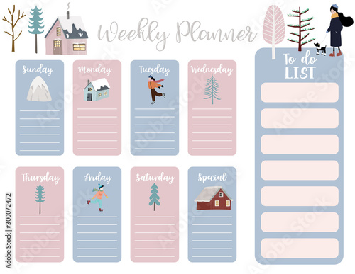 cute weekly planner background with house,snow,people,tree.Vector illustration for kid and baby.Editable element