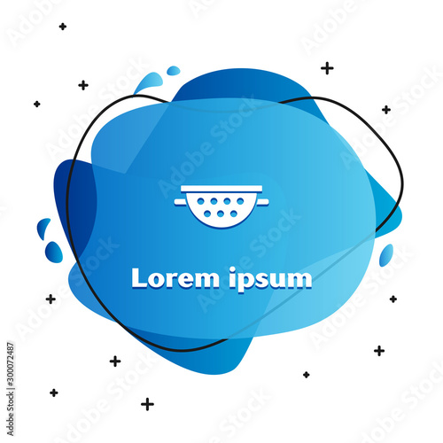 White Kitchen colander icon isolated on white background. Cooking utensil. Cutlery sign. Abstract banner with liquid shapes. Vector Illustration