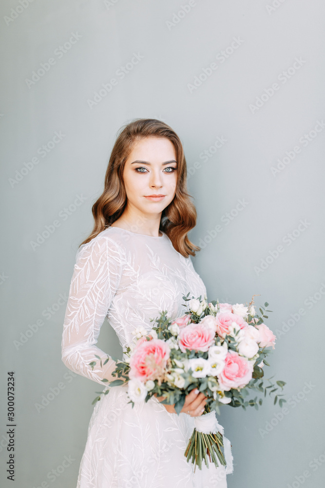 Stylish wedding in European style. Portrait of the bride in the style of fine art, white dress. Stylish wedding in European style. Portrait of the bride in the style of fine art, white dress.