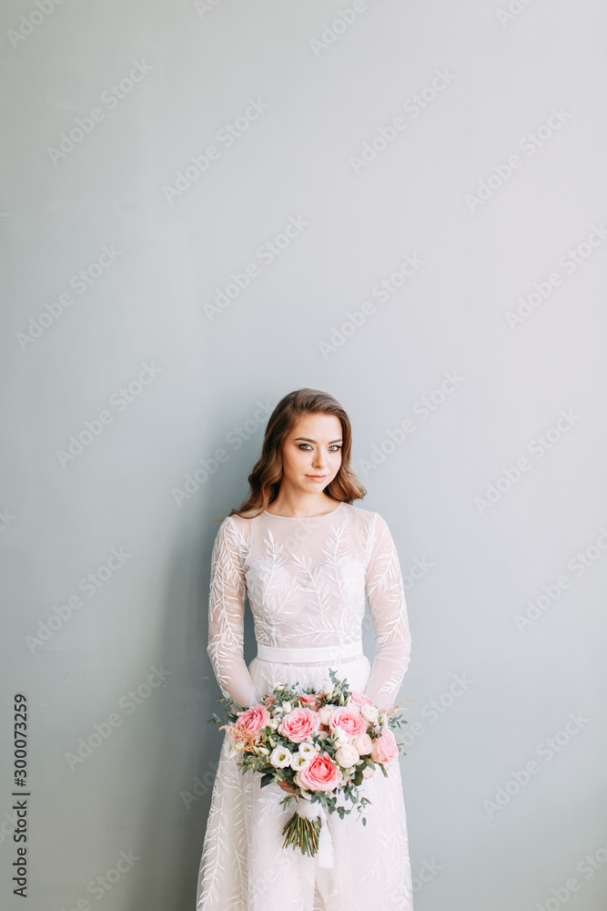 Stylish wedding in European style. Portrait of the bride in the style of fine art, white dress. Stylish wedding in European style. Portrait of the bride in the style of fine art, white dress.