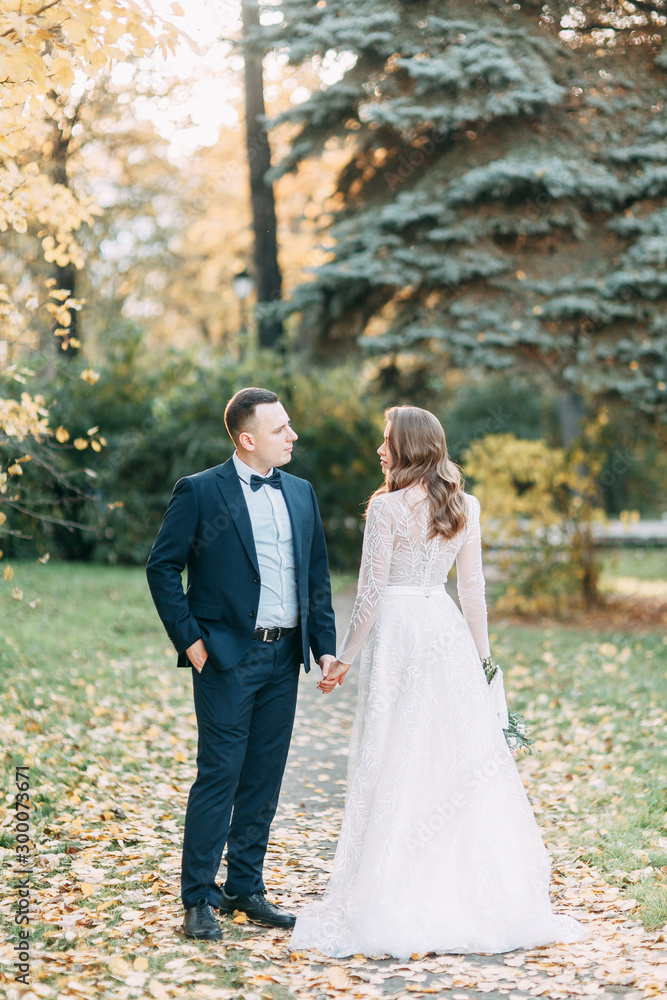 Autumn wedding in European style. Beautiful couple in suit and white dress in Park. Autumn wedding in European style. Beautiful couple in suit and white dress in Park.
