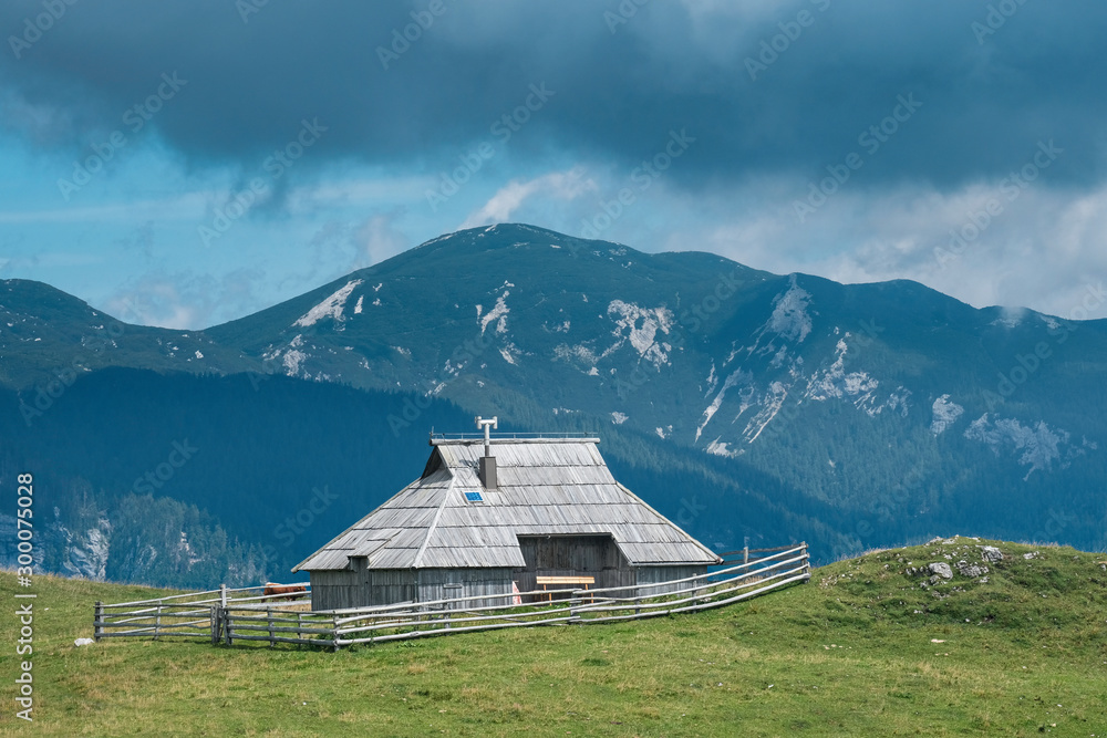 Obraz premium Traditional wooden cottage in village on Velika planina (Big Pasture Plateau) with mountains in background, Slovenia