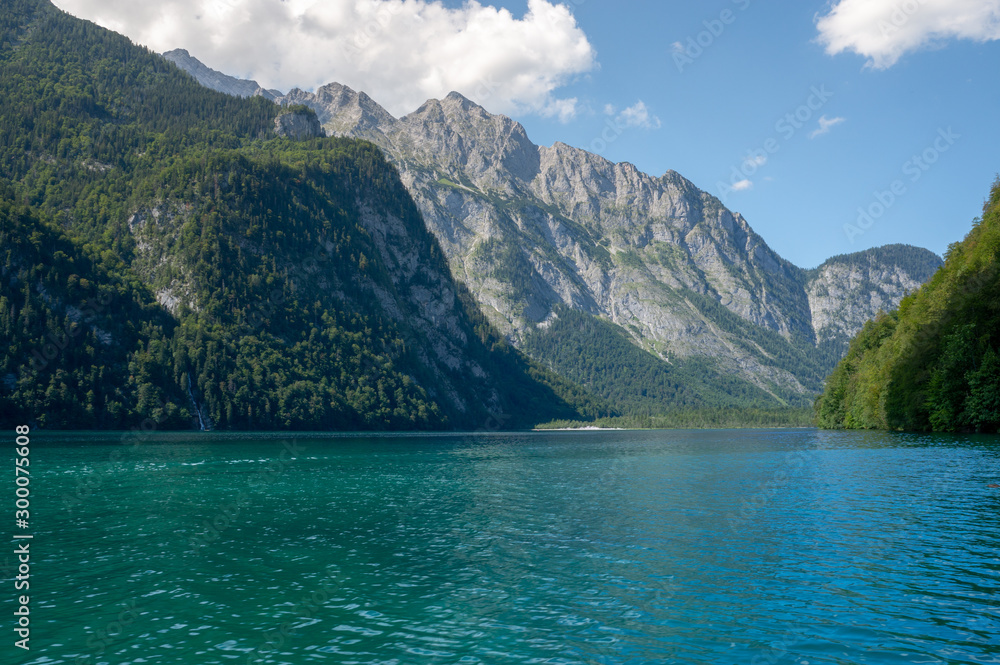 Classic panoramic view of Lake Konigssee on a sunny day in summer, Germany