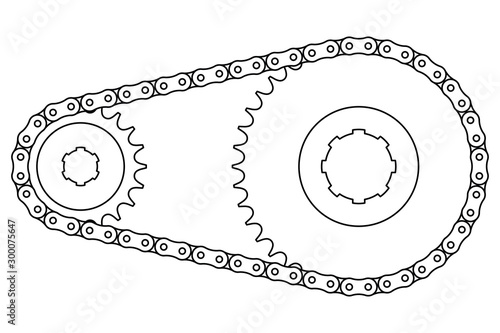 Chain drive. Roller chain and sprocket. Thin line vector
