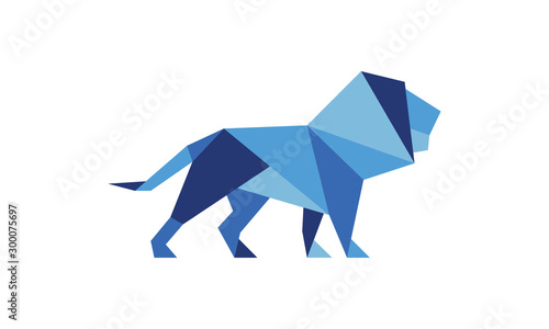 Flat abstract origami lion illustration or logo in shades of blue