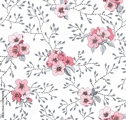 Pink small flowers seamless pattern for fabric and Wallpaper. Flowering Apple tree and small leaves.