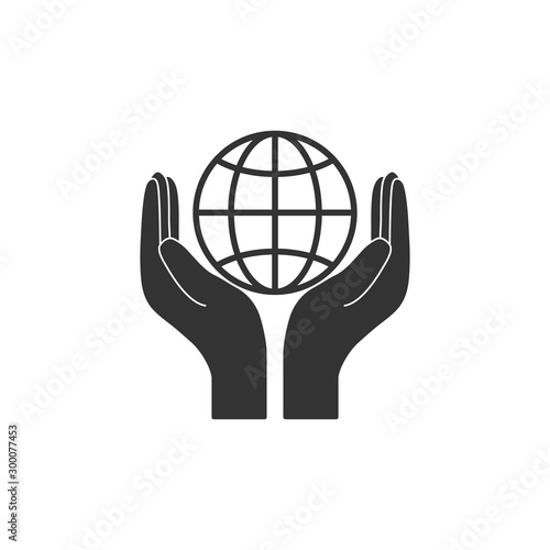 Hand with global icon. Vector illustration, flat design