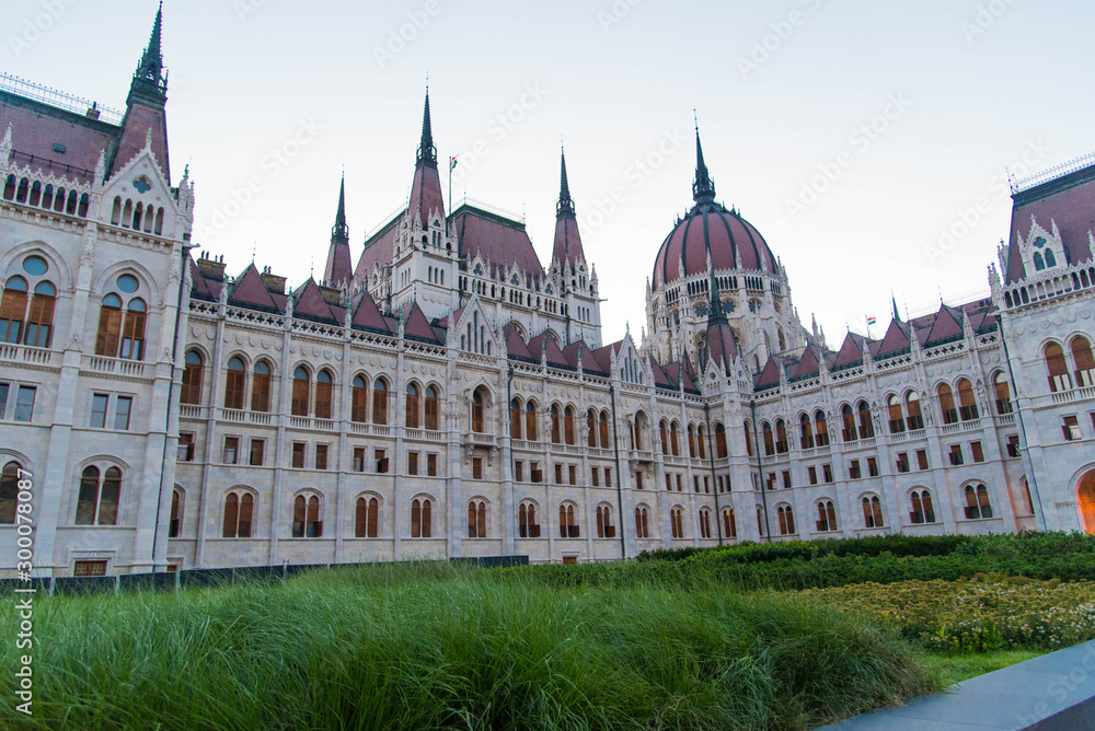 Budapest/Hungary - June 29, 2019 : Parliament Square in front of Beautiful building of Hungarian Parliament in Budapest, popular Europe travel destination.