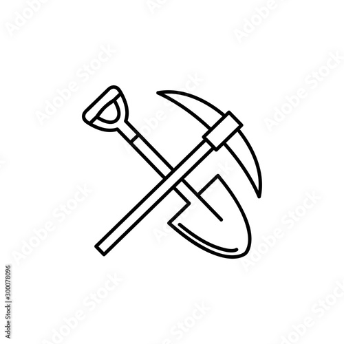 Crossed shovel and pickaxe linear icon. Mining. Thin line illustration. Contour symbol. Pick axe and dig. Vector isolated outline drawing.