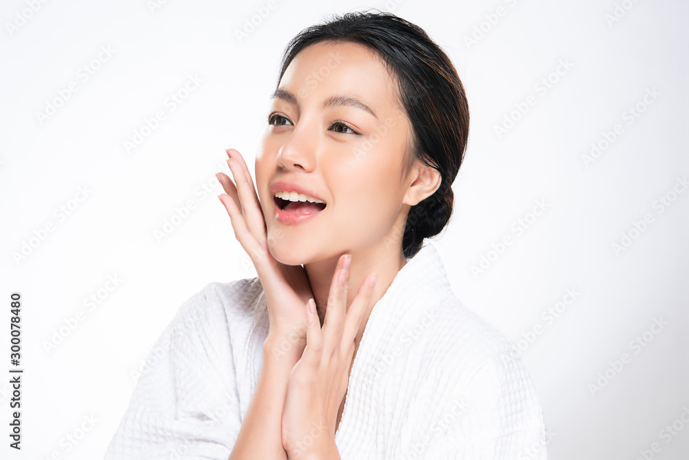 Beautiful young Asian woman touching soft cheek and smile with clean and fresh skin. Happiness and cheerful with, isolated on white background, Beauty and Cosmetics Concept, Beautiful young Asian woman touching soft cheek and smile with clean and fresh skin. Happiness and cheerful with, isolated on white background, Beauty and Cosmetics Concept,