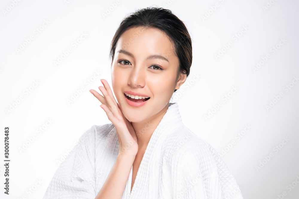 Beautiful young Asian woman touching soft cheek and smile with clean and fresh skin. Happiness and cheerful with, isolated on white background, Beauty and Cosmetics Concept, Beautiful young Asian woman touching soft cheek and smile with clean and fresh skin. Happiness and cheerful with, isolated on white background, Beauty and Cosmetics Concept,