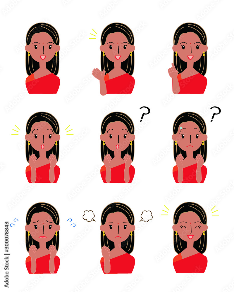 インド人女性 表情 イラストセット Stock Vector Adobe Stock