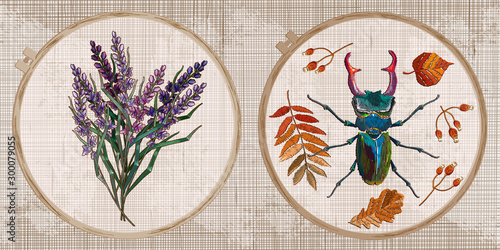 Embroidery collection. Lavender flowers bouquet and beetle deer. Autumn forest art. Template tambour frame with a canvas, elements from stitches. Art for clothes