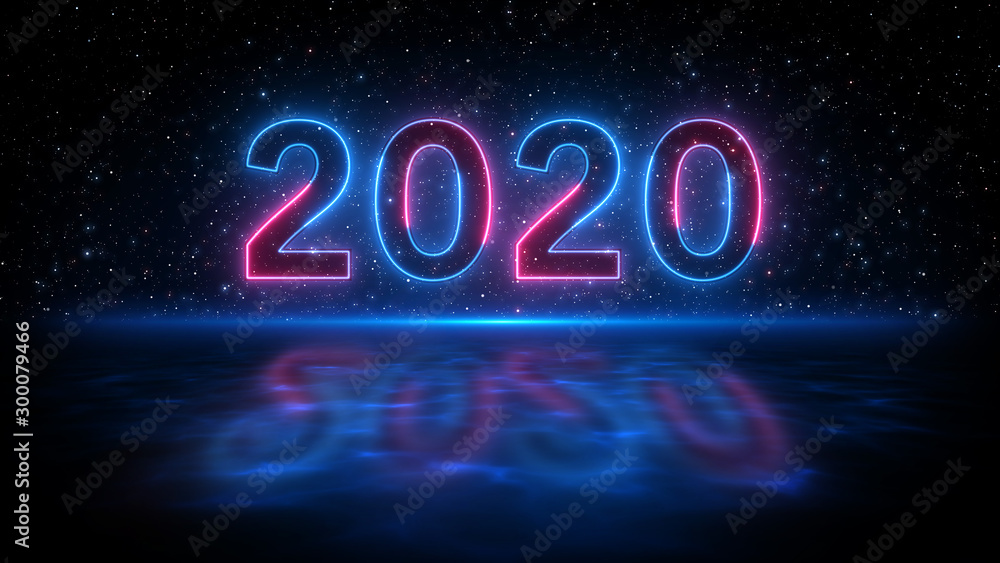 Number 2020 Neon Light Style With Shadow On Blue Light Water Surface Against Dark Starry Sky Of The Space