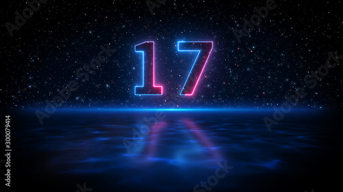 Number 17 Neon Light Style With Shadow On Blue Light Water Surface Against Dark Starry Sky Of The Space