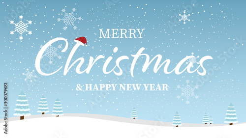 Merry Christmas and Happy New Year typographical on blue background with winter landscape with snowflakes.  Vector illustration