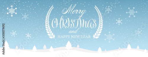 Merry Christmas and Happy New Year typographical on blue background with winter landscape with snowflakes.  Vector illustration