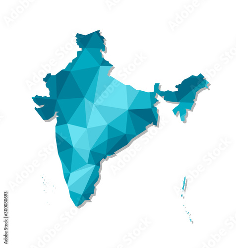 Vector isolated illustration icon with simplified blue silhouette of India map. Polygonal geometric style, triangular shapes. White background