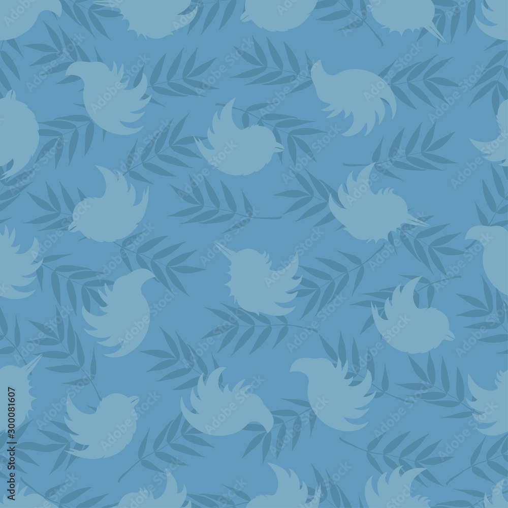 Seamless pattern of silhouettes of birds and rowan leaves in soft blue tones