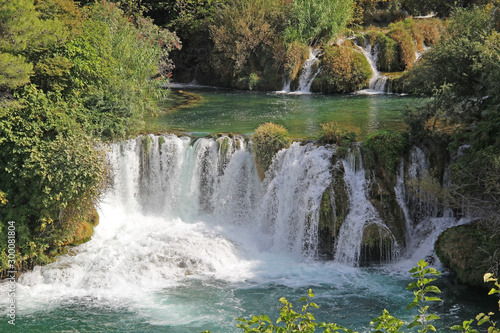 Krka National Park with a beautiful Skradinski Buk waterfall in early autumn, famous travel destination in Dalmatia of Croatia. Europe.