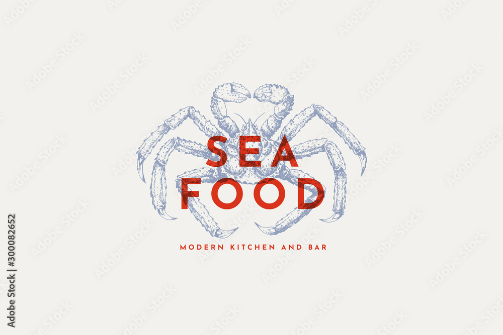 Logo template with an image of a blue king crab drawn by graphic lines on a light background. Retro emblem for the menu of fish restaurants, markets and shops. Vector vintage engraving illustration. Logo template with an image of a blue king crab drawn by graphic lines on a light background. Retro emblem for the menu of fish restaurants, markets and shops. Vector vintage engraving illustration.