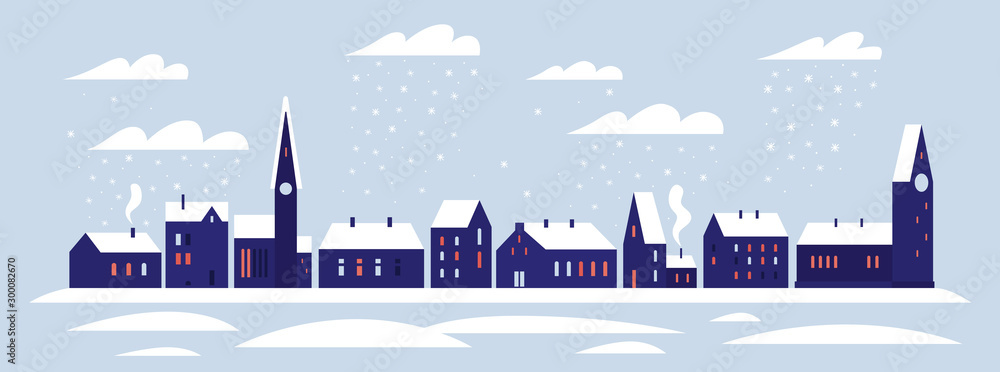 Christmas picture. Horizontal banner with the image of snowfall in the winter city. Snow-covered city with cozy nice houses and trees. Happy winter holidays. Vector colorful image.