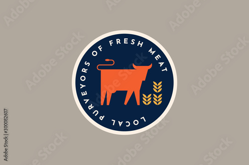Sticker with a silhouette of a cow. Meat label. Farm, natural products. Emblem for butcher shops. The image can be used for packaging design, restaurant menu, market design. Vector illustration.