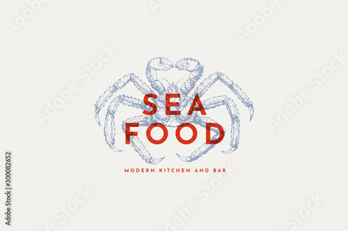 Logo template with an image of a blue king crab drawn by graphic lines on a light background. Retro emblem for the menu of fish restaurants, markets and shops. Vector vintage engraving illustration.