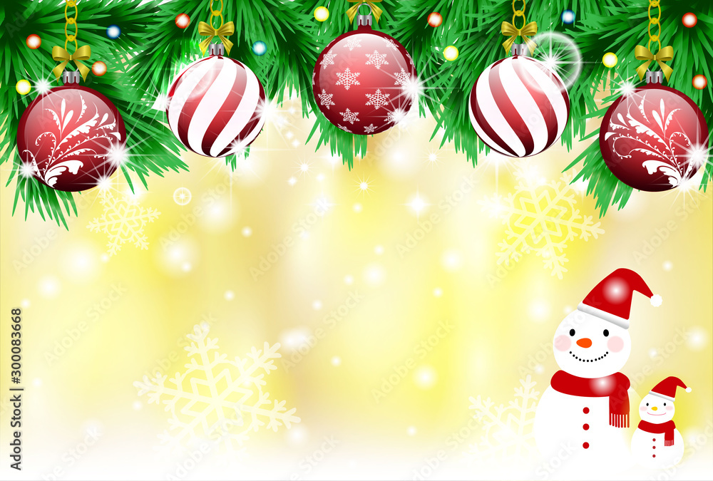 クリスマス背景 もみの木とクリスマスオーナメント ボール と雪だるま Stock Illustration Adobe Stock