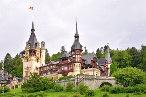 Sinaia, Romania - August 2019. Great Pelesh castle and park in Sinaia, Romania. Romania King Carol Palace and park with medieval beautiful buildings 