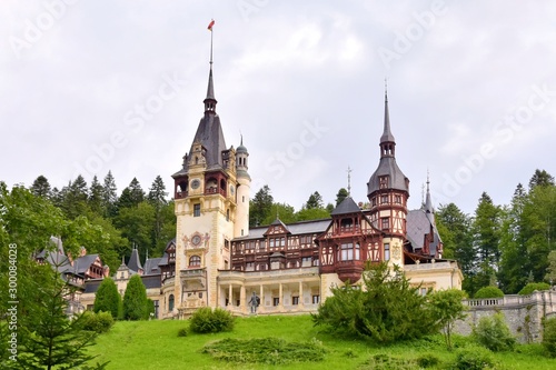 Sinaia, Romania - August 2019. Great Pelesh castle and park in Sinaia, Romania. Romania King Carol Palace and park with medieval beautiful buildings 