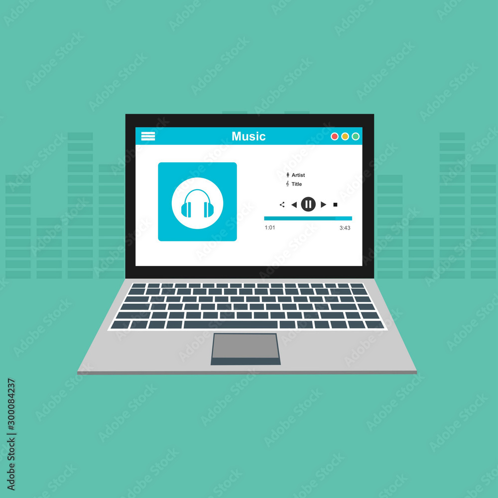 Vector illustration of music player laptop flat design concept template Vector illustration of music player laptop flat design concept template
