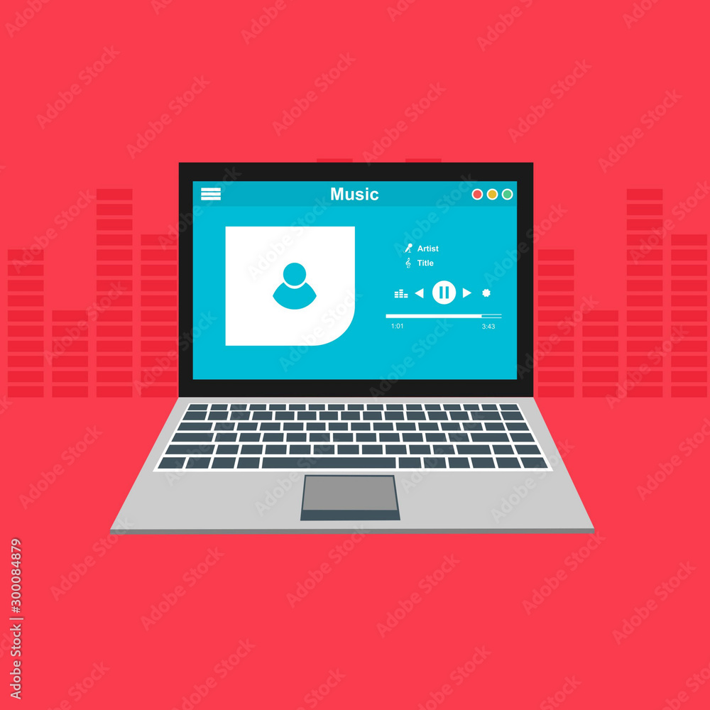 laptop application for online buying, downloading and listening to music. illustration of music player app on laptop