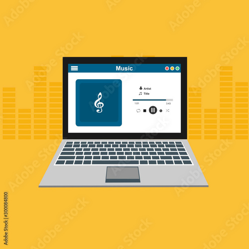 laptop application for online buying, downloading and listening to music. illustration of music player app on laptop