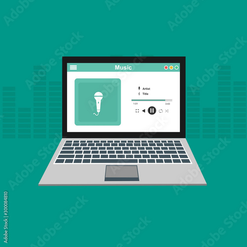 laptop application for online buying, downloading and listening to music. illustration of music player app on laptop