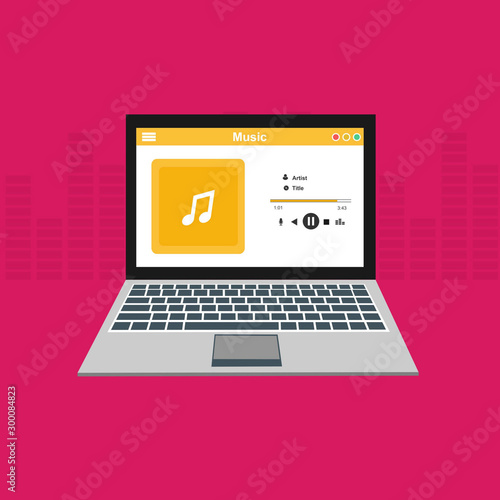 laptop application for online buying, downloading and listening to music. illustration of music player app on laptop