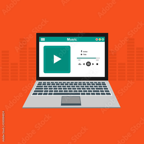 laptop application for online buying, downloading and listening to music. illustration of music player app on laptop