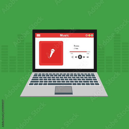 laptop application for online buying, downloading and listening to music. illustration of music player app on laptop