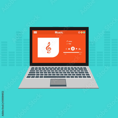 laptop application for online buying, downloading and listening to music. illustration of music player app on laptop