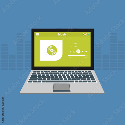 laptop application for online buying, downloading and listening to music. illustration of music player app on laptop