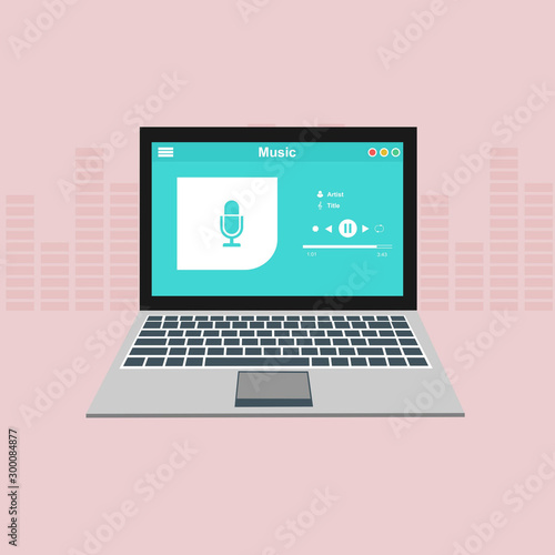 laptop application for online buying, downloading and listening to music. illustration of music player app on laptop