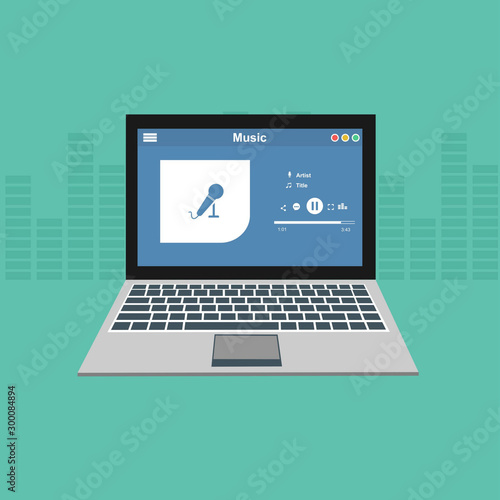 laptop application for online buying, downloading and listening to music. illustration of music player app on laptop