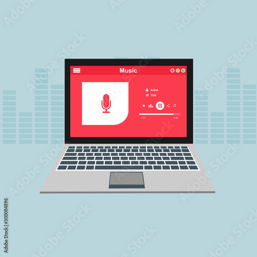 laptop application for online buying, downloading and listening to music. illustration of music player app on laptop