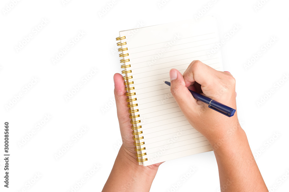 Close up of Hand is holding a blue pen and taking notes in the notebook, isolated on white background with clipping path. Close up of Hand is holding a blue pen and taking notes in the notebook, isolated on white background with clipping path.