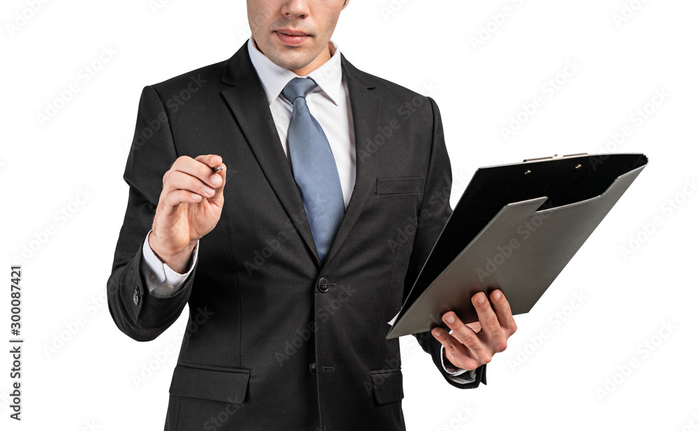 Close up of businessman with clipboard, isolated Close up of businessman with clipboard, isolated