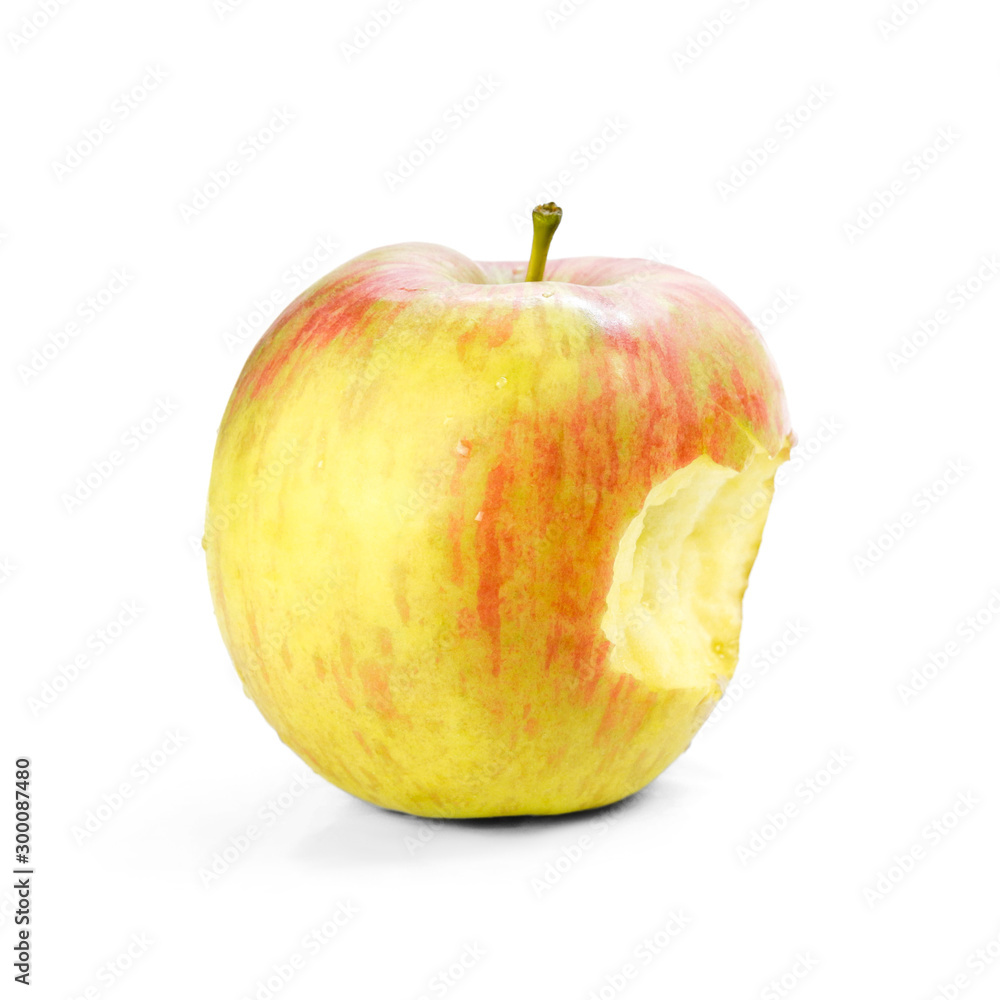 Bitten yellow-red apple. Close up. Isolated on white background Bitten yellow-red apple. Close up. Isolated on white background