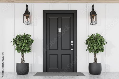 Foto Black front door of white house with trees